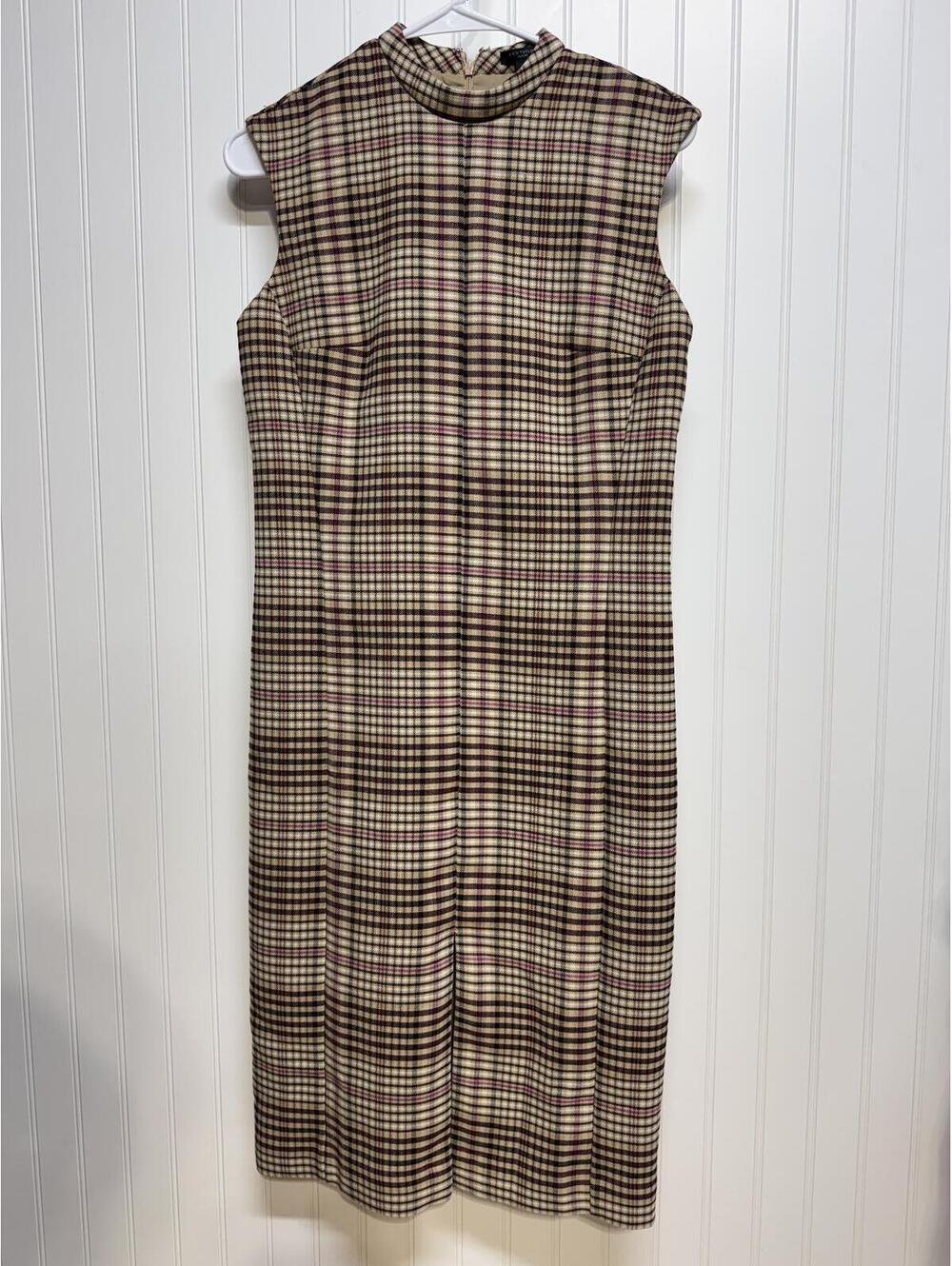 Ann Taylor Petite Plaid Funnel Mock Neck Sleeveless Sheath Dress Pink Brown 4P